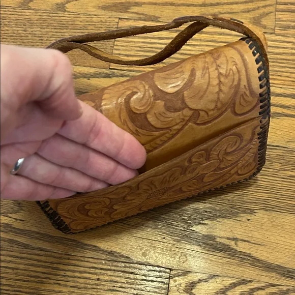 Handcrafted Leather Clutch Small Brown Floral Detail Adjustable Strap - Picture 6 of 9